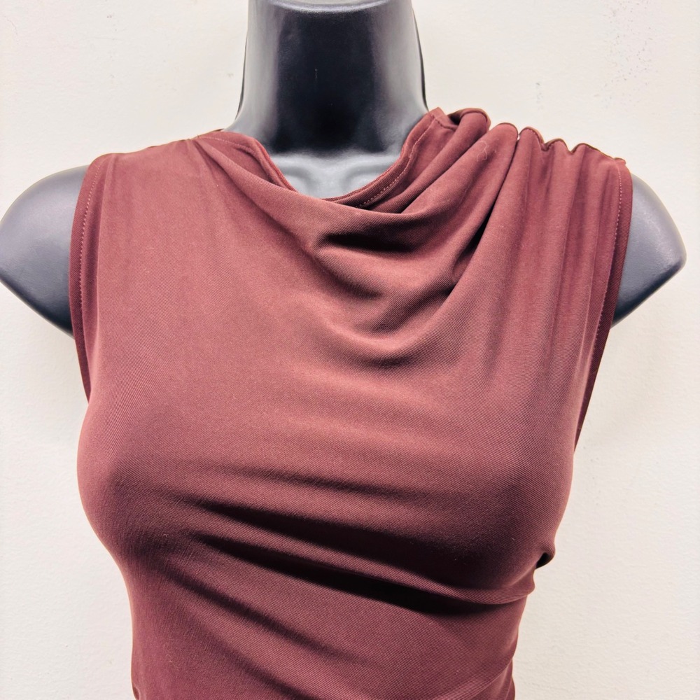 Anthropologie Ruched Cowl Neck Sleeveless Modal Dress Burgundy Rust XL OB2210389 - Picture 2 of 7